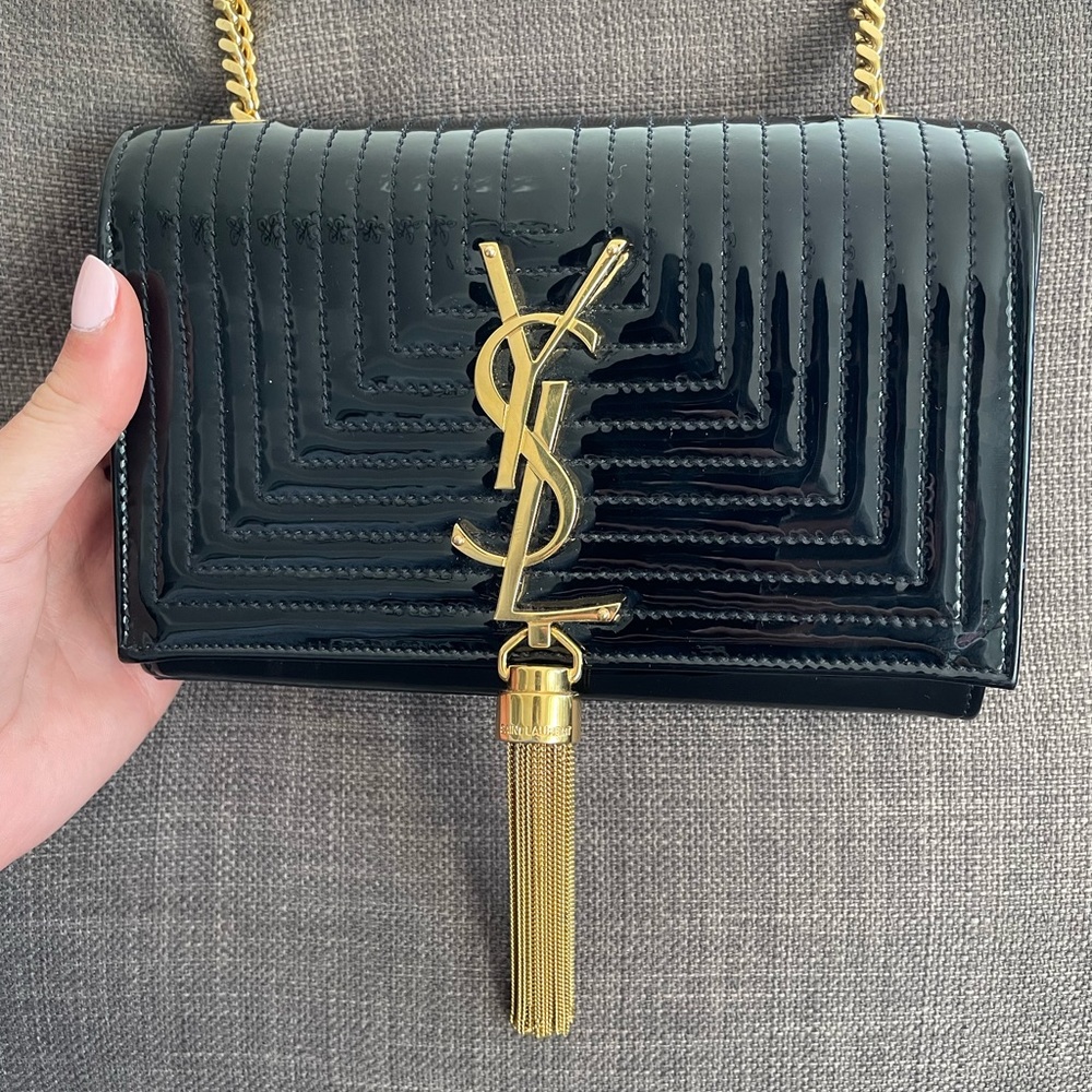YSL patent leather square quilted mini Kate bag with gold tassel